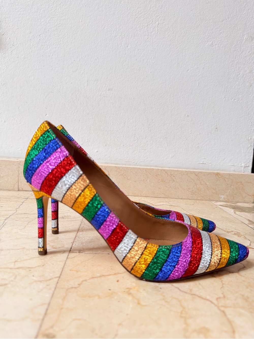 Nina Multicolor Striped Sequin Pointed-Toe Heels